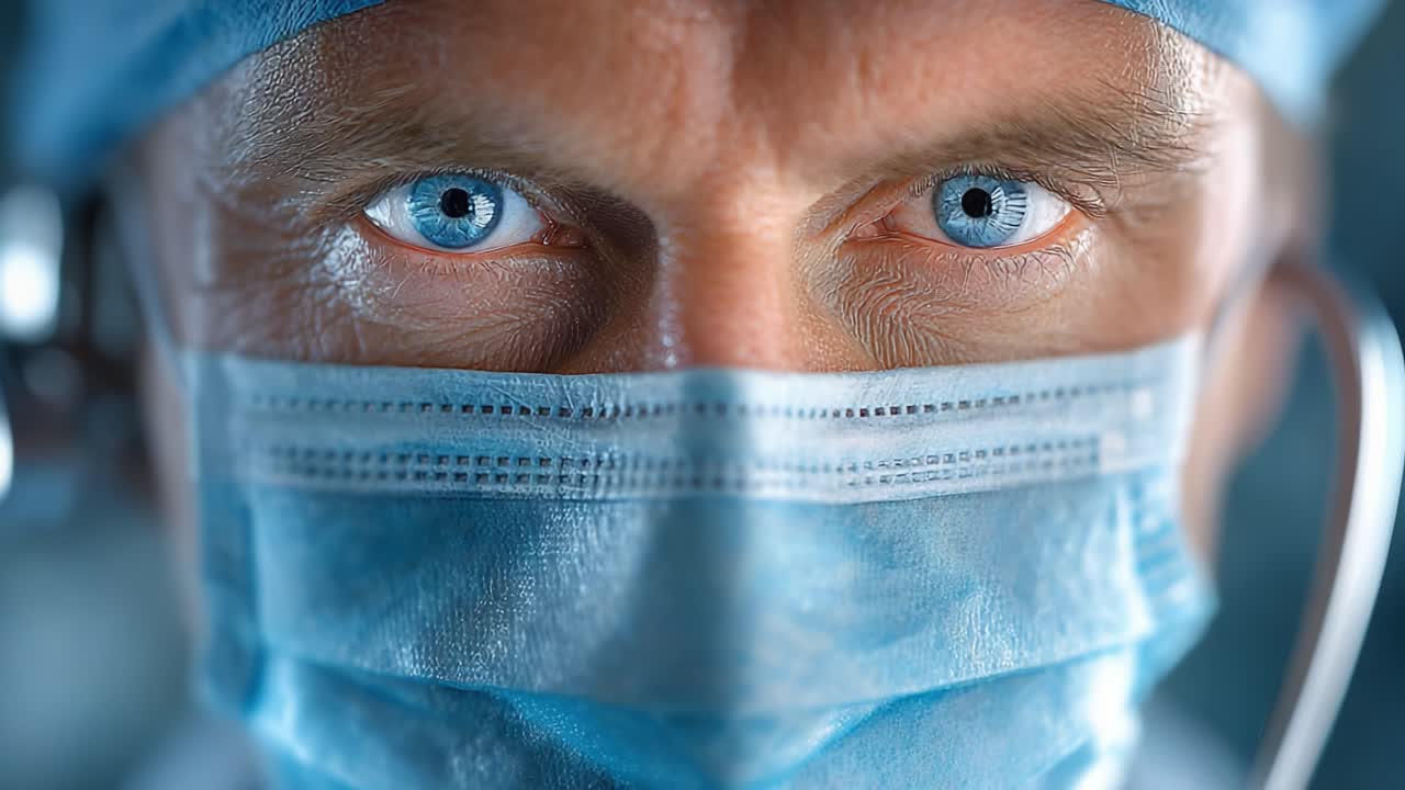 Close-Up of a Medical Professional's Determined Expression in Surgical Mask and Cap, Capturing the Intensity and Focus of Healthcare Workers in Action