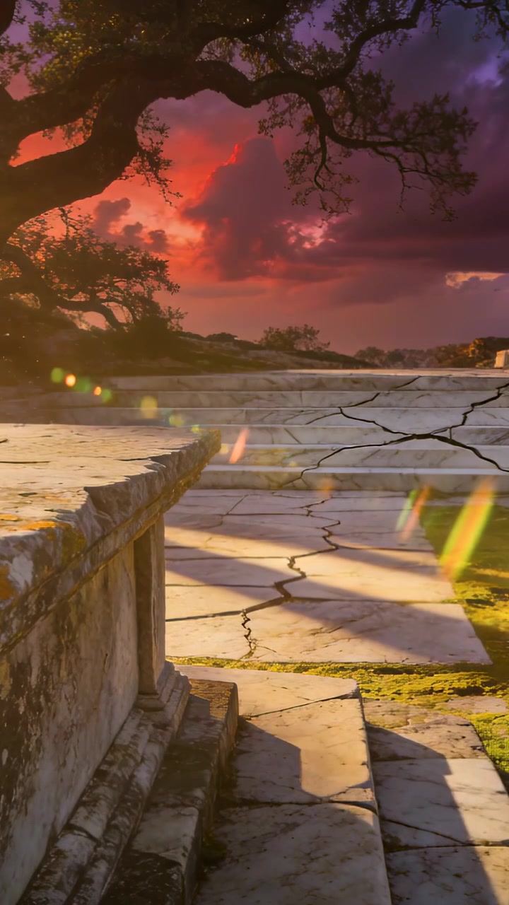 Video verticale: Mostra una terrazza crepata al tramonto con muschio che verdeggia nelle crepe, il sole che provoca un bagliore