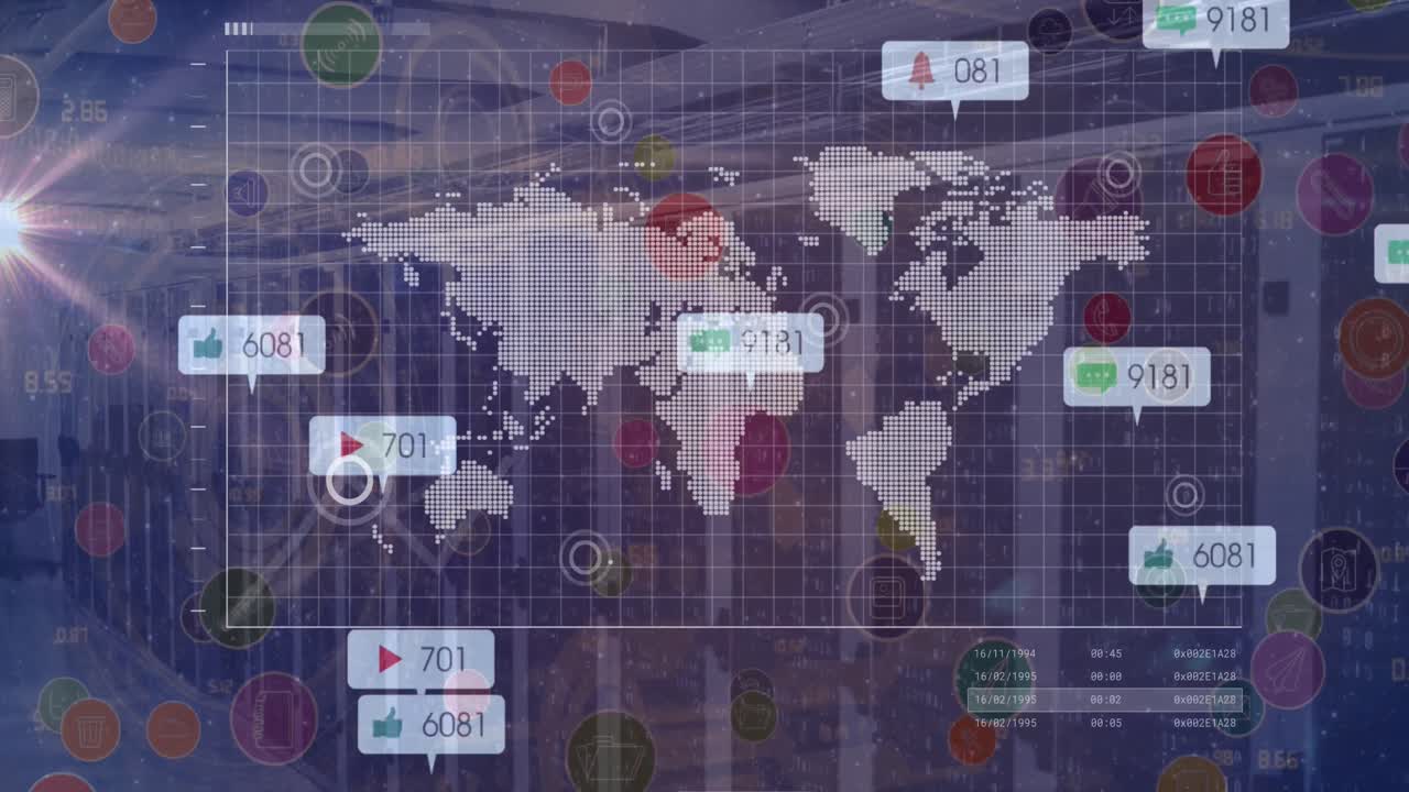 animación de iconos que representan datos de redes sociales con gráficos y un mapa del mundo en el fondo.