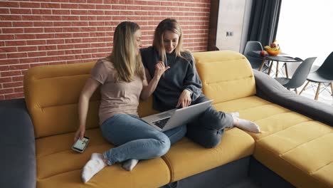 two happy friends watching media content in a laptop sitting on a couch