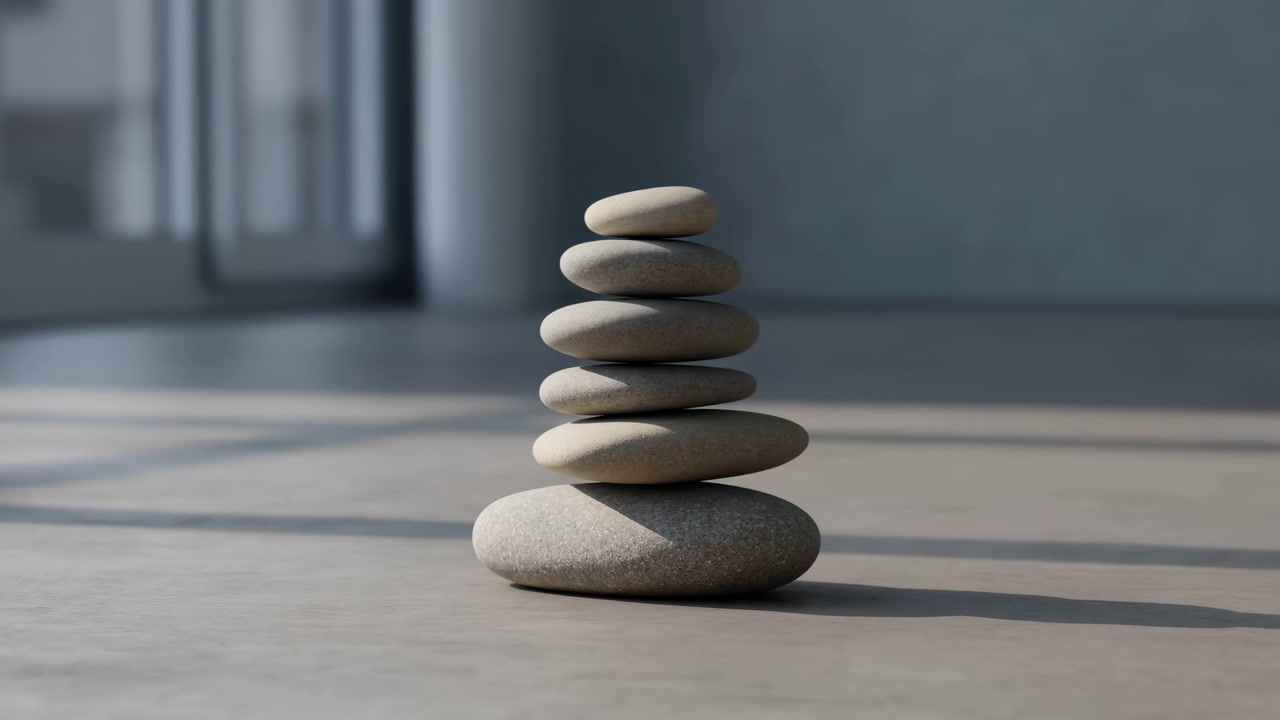 A tall stack of smooth pebbles stands slightly right of center on a flat floor, with a blurred interior background and soft daylight creating a long shadow