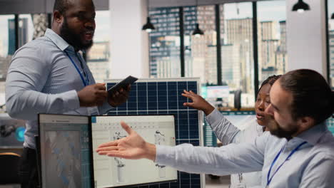 rd department colleagues brainstorming ways to make solar panels eco friendly