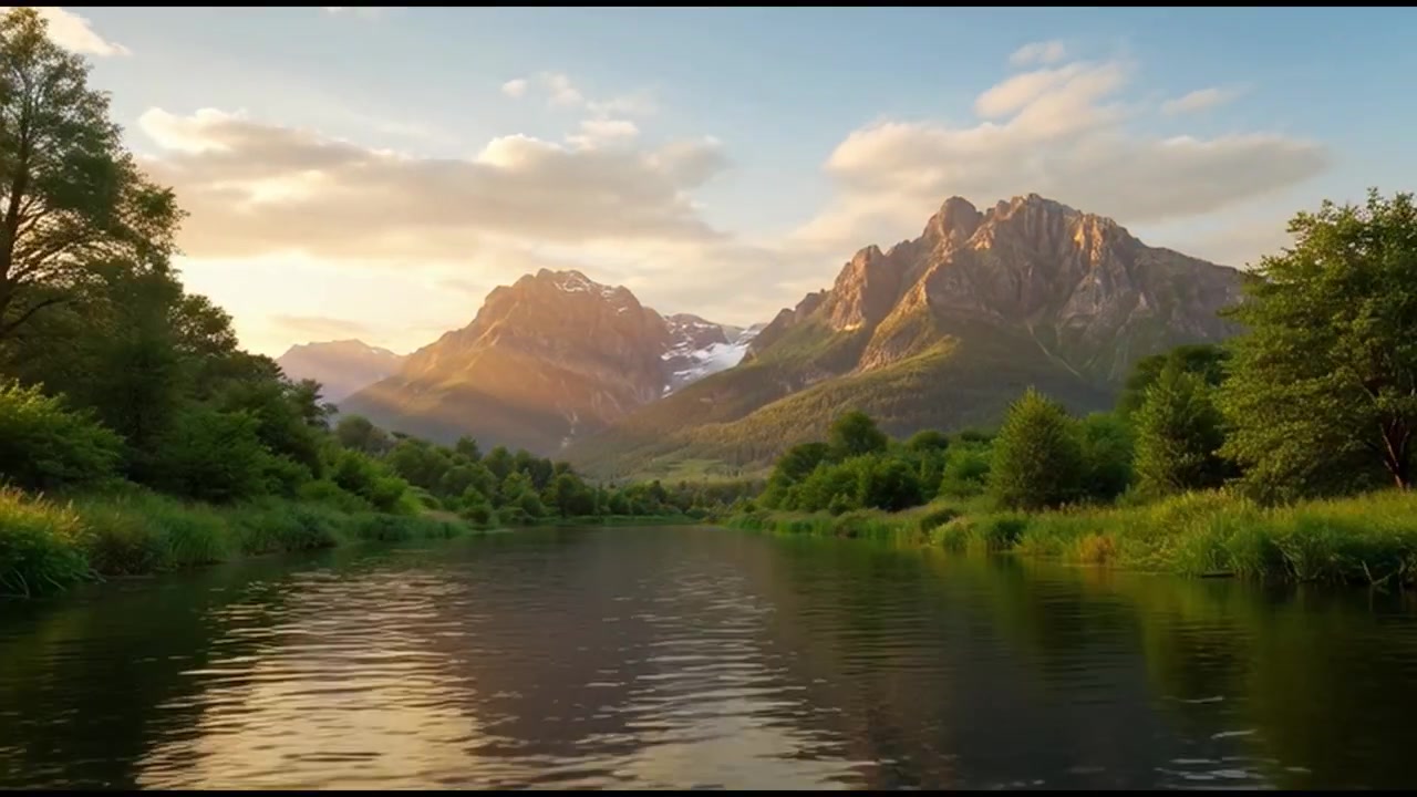 Rustige rivier die door een weelderige vallei stroomt richting majestueuze bergen bij zonsondergang