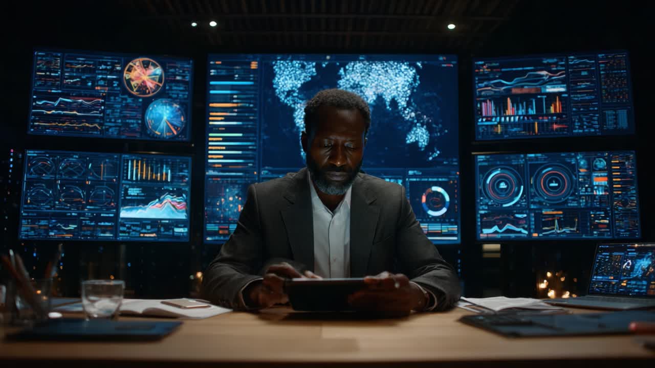 A focused analyst utilizes technology to interpret data insights and visualizations displayed on multiple screens in a modern control room environment