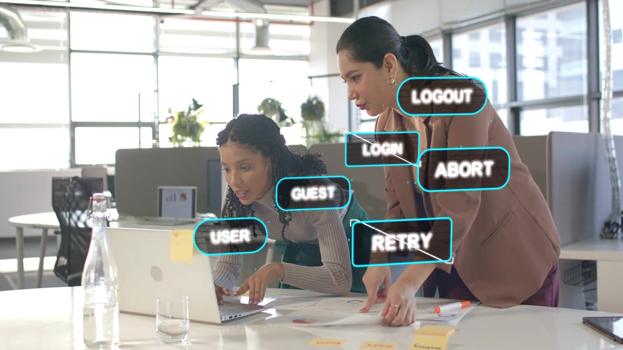 Two women tech team typing with docs, showing UI labels over laptop, testing login, man entering