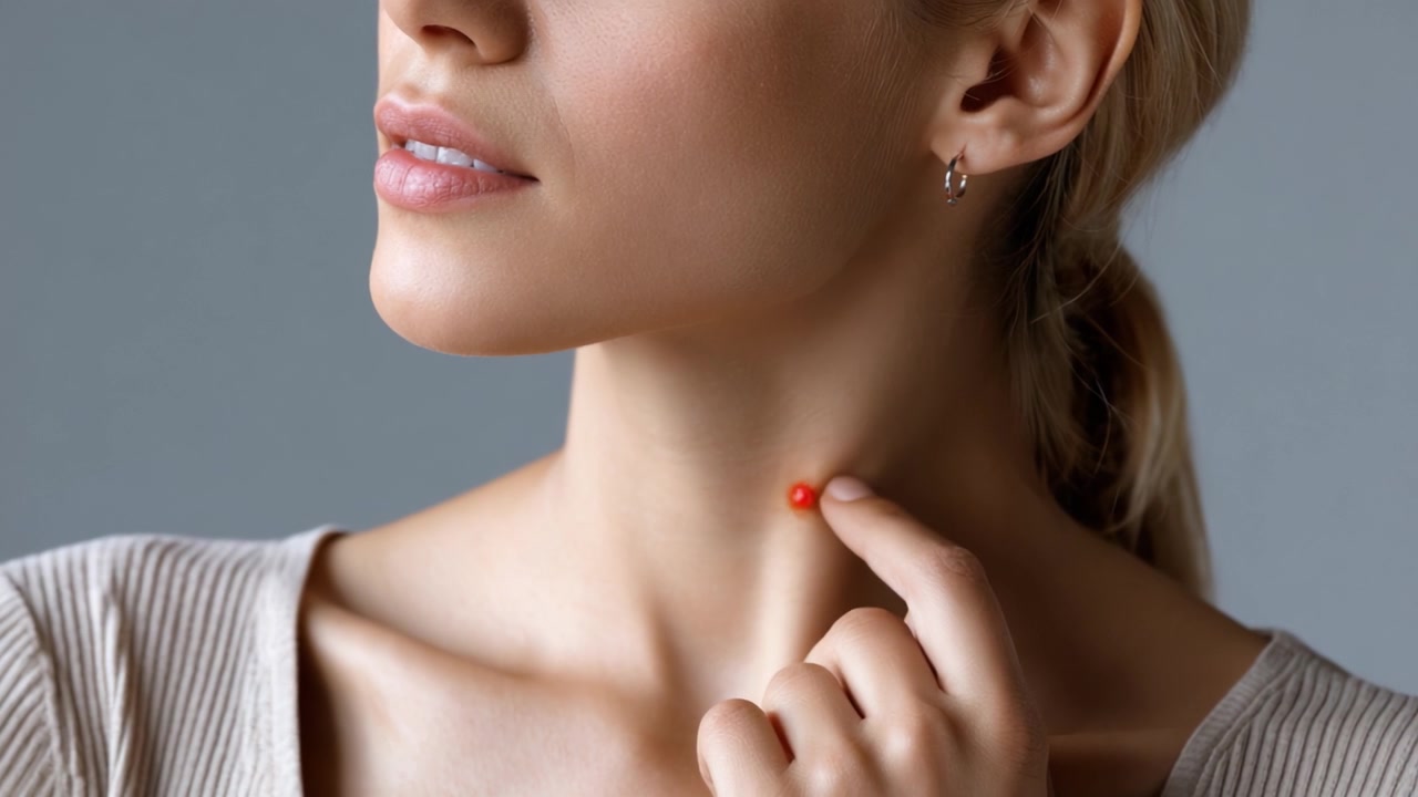 Un primo piano di una donna che tocca delicatamente una piccola imperfezione rossa sul collo, evidenziando le pratiche di cura della pelle e di igiene personale in un ambiente sereno.