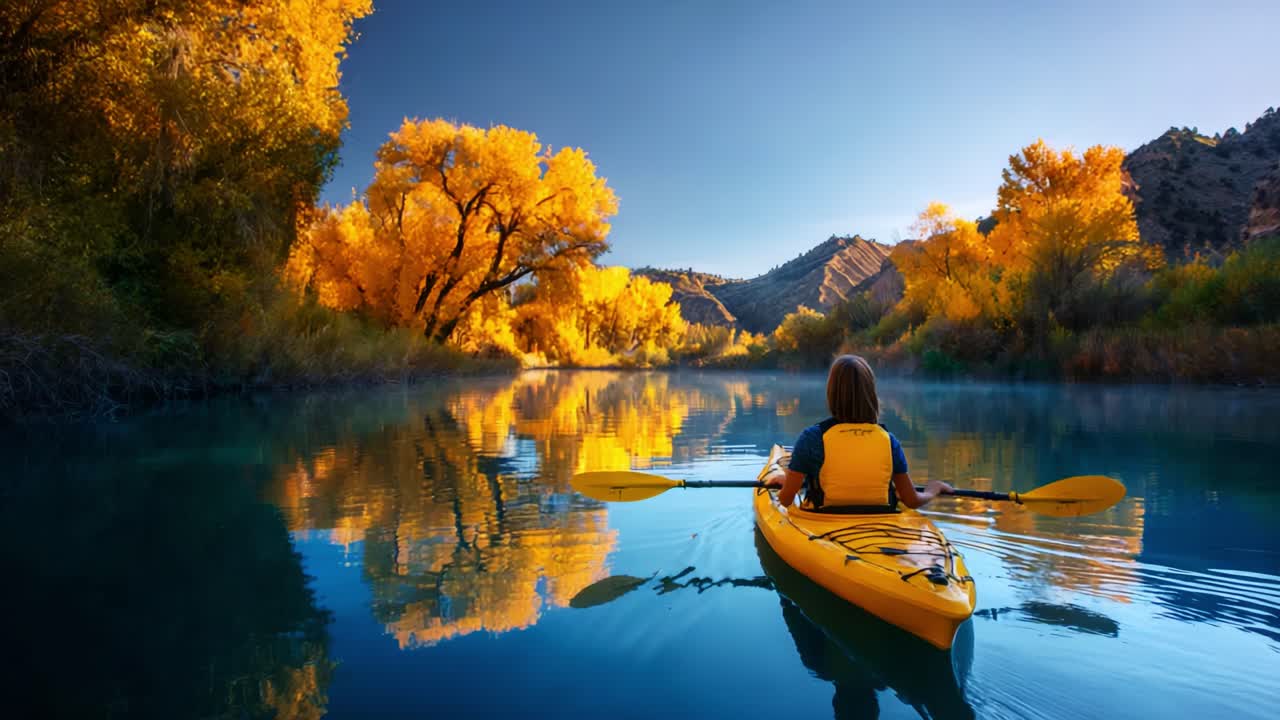 A Serene Kayaking Journey Through Stunning Autumn Colors on a Tranquil River, Capturing the Beauty of Nature Reflected in Calm Waters and Majestic Surroundings