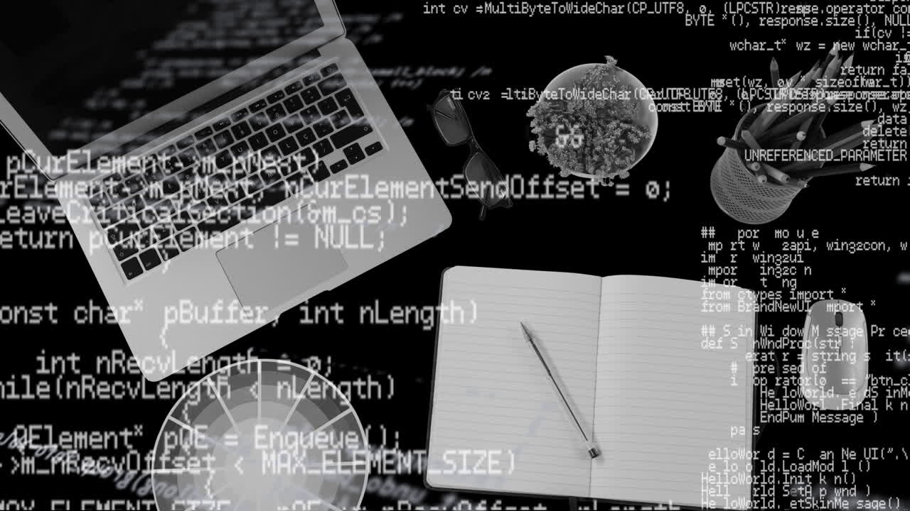 노트북과 함께 사무실 책상 위에 놓인 복사 공간과 함께 노트북을 통해 데이터 처리의 애니메이션