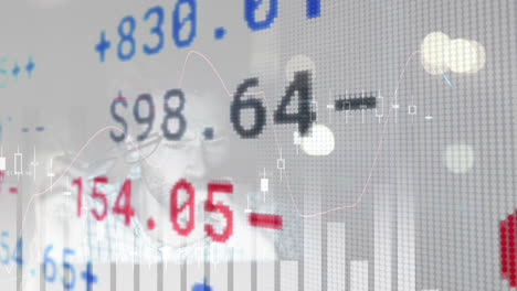 animation of financial data processing and stock market over caucasian man