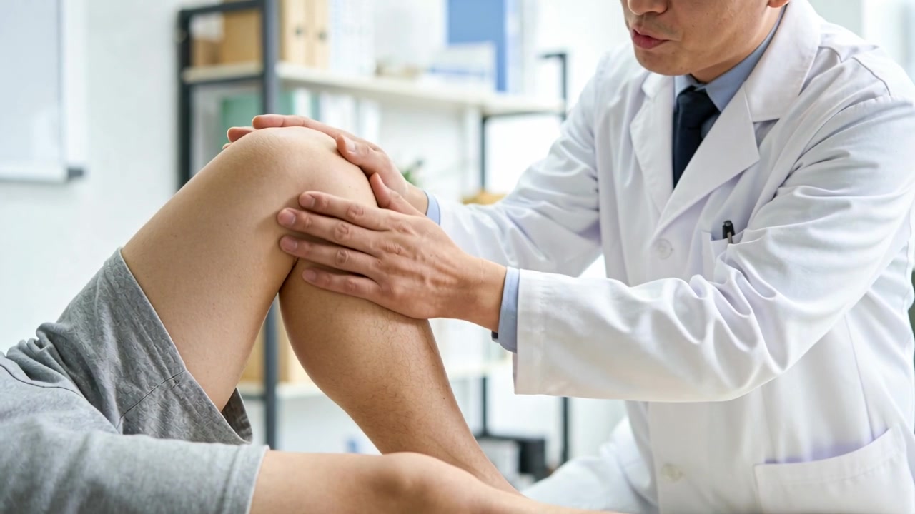 コートを着た医師が、動きやすいショートパンツを着用してテーブルに横たわる患者の右膝を触診し、安定させている。