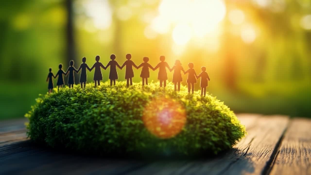 Unity among diverse figures in nature. Silhouettes of diverse figures stand together on a grassy hill, illuminated by sunlight in a serene outdoor setting.