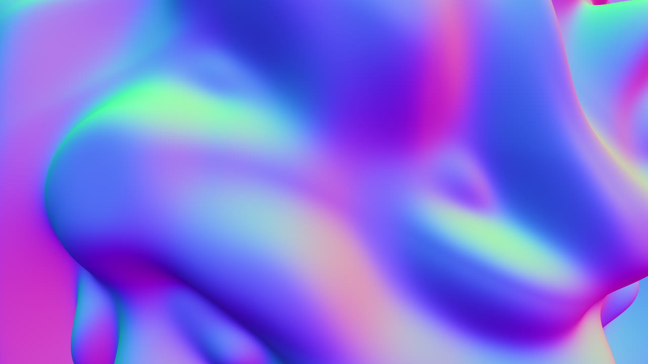 Colorful holographic gradient waves flow in a smooth neon 3D liquid background footage, featuring soft shapes and vivid purple, blue and cyan tones ideal for modern design and motion graphics