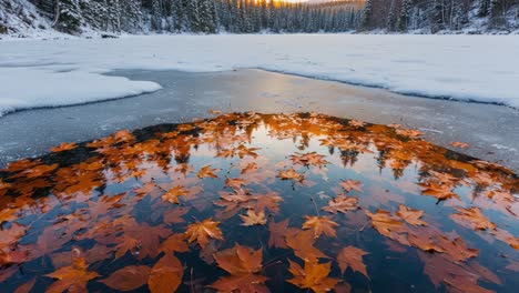 captivating autumn reflections: a serene frozen lake fringed by colorful fallen leaves surrounded by pine forest and gentle winter light