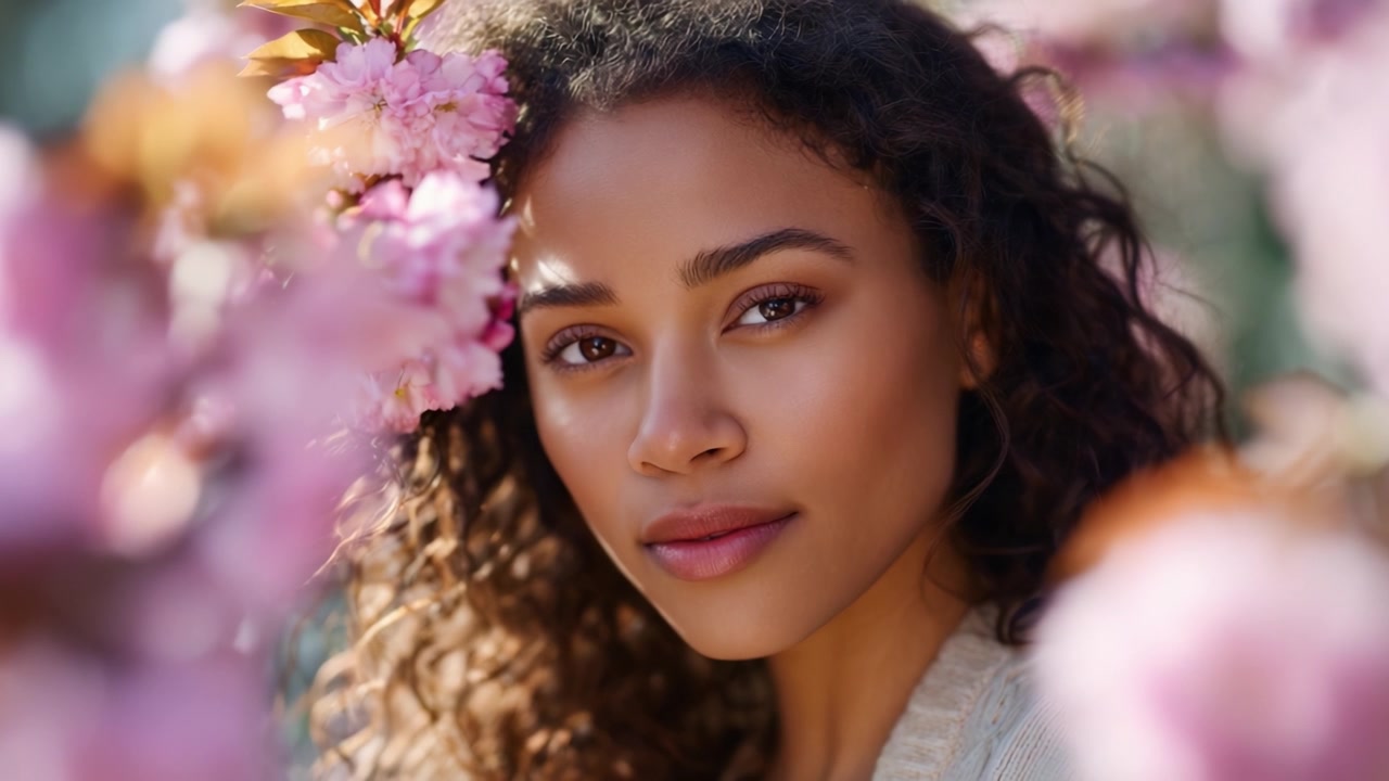 Un bellissimo ritratto di una giovane donna circondata da delicati fiori rosa, che emana un senso di pace e serenità in un vivace ambiente naturale.