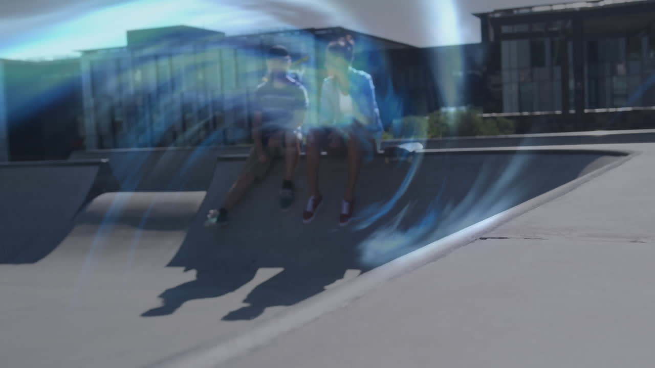 skateboarder grinding ledge in urban skate park, with animated speed lines and marketing data icons