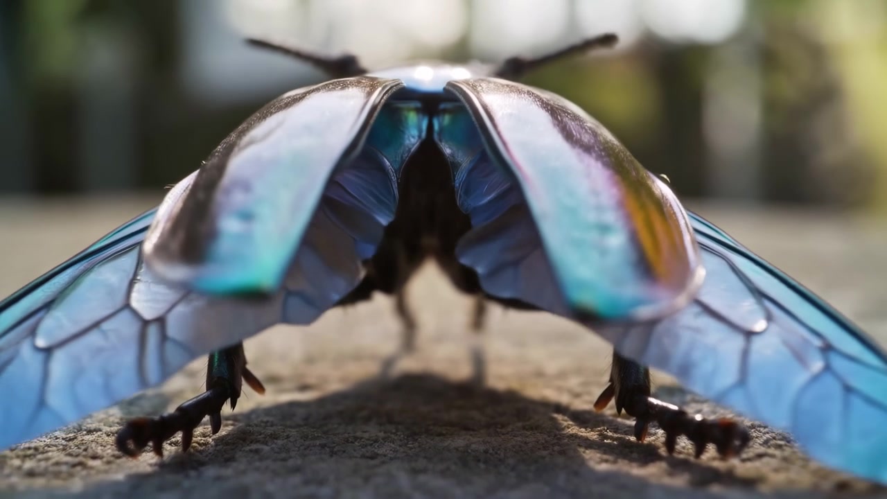 Coleottero iridescente su pietra in primo piano, ali che si spiegano lentamente per il decollo, elitre metalliche blu-verdi che catturano la luce.