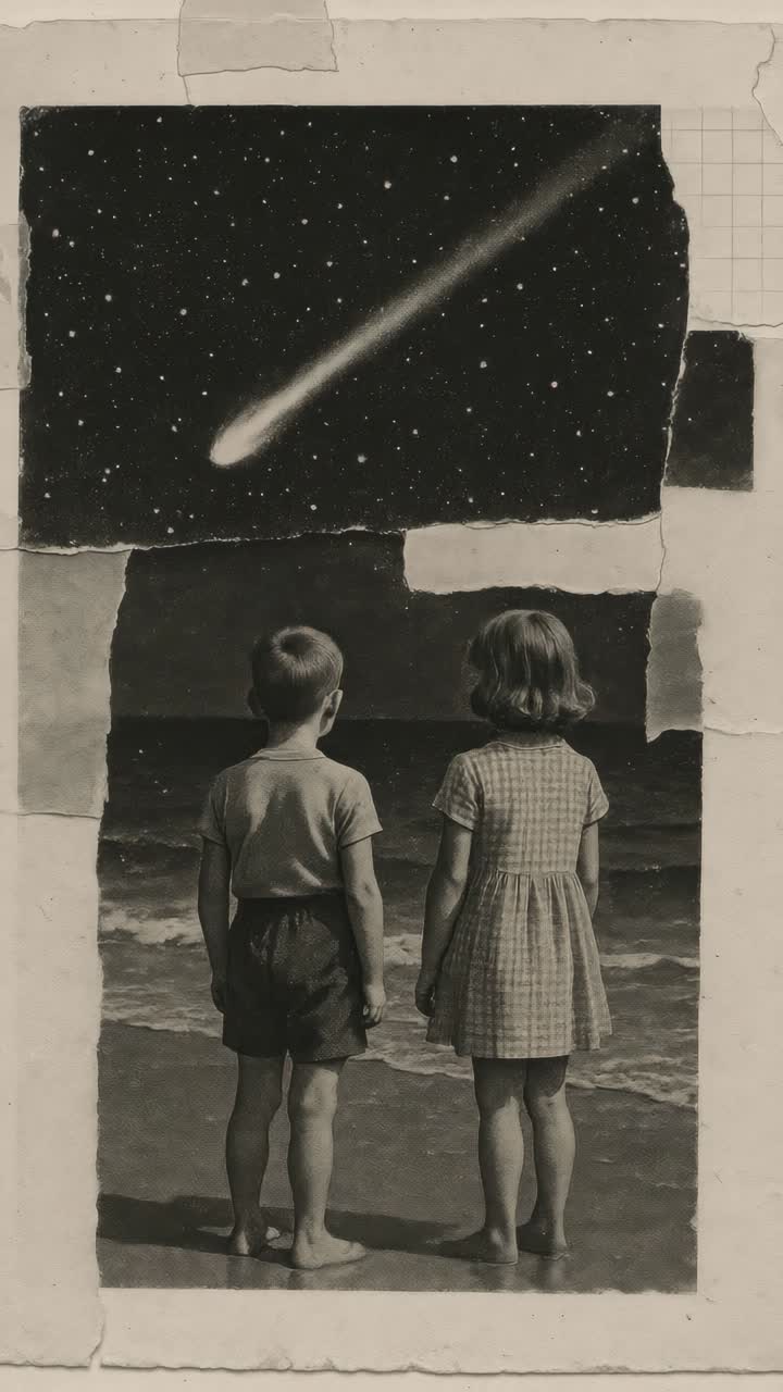 Collage vintage di due bambini su una spiaggia che osservano una stella cadente