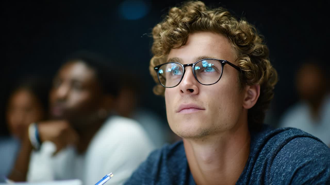 A contemplative student absorbed in thought during an engaging lecture, reflecting deep concentration and curiosity, surrounded by a diverse group of peers in a classroom environment
