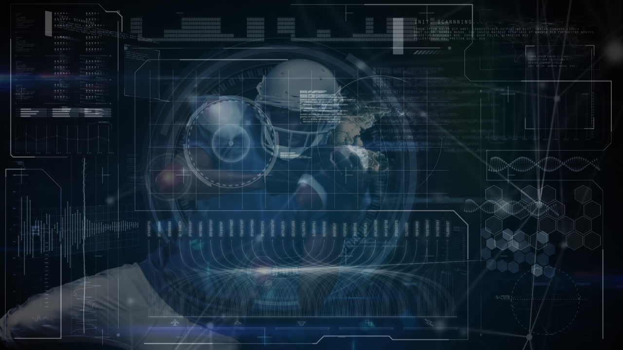 Animation of various digital diagrams and patterns over biracial player catching rugby ball