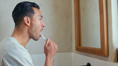 man with toothbrush in bathroom mirror for dental