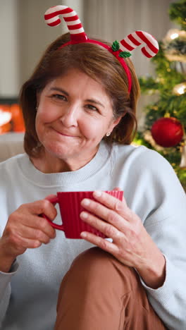 vertical video: laughing woman wearing festive headband enjoying hot drink by christmas tree