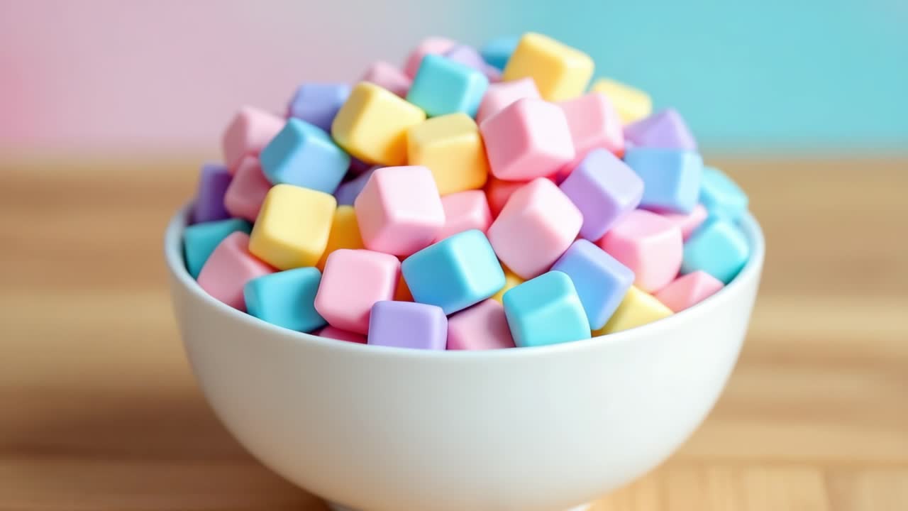 Colorful pastel cubes in shades of pink, blue, and yellow are piled high in a white bowl resting on a wooden surface, creating a vibrant and inviting visual display in a soft ambiance