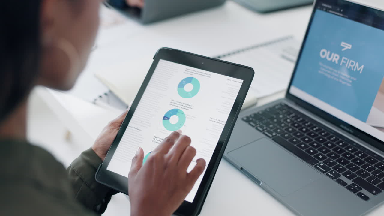 Hands, tablet and woman with seo