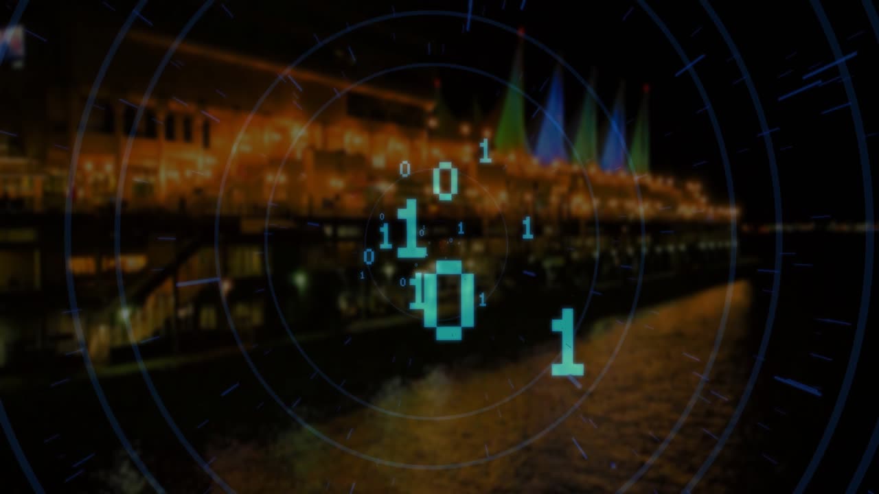 Rutnätlinjer visas över en pir, cyanfärgade siffror tonar bort, rör sig och upplöses sedan, vilket skapar ett digitalt överlägg