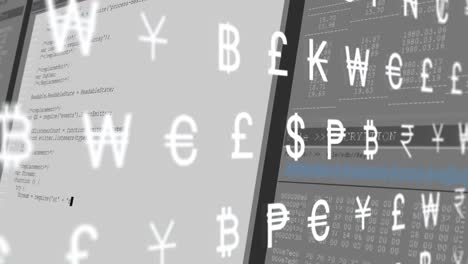 animation of multiple currency symbols moving over data processing against grey background