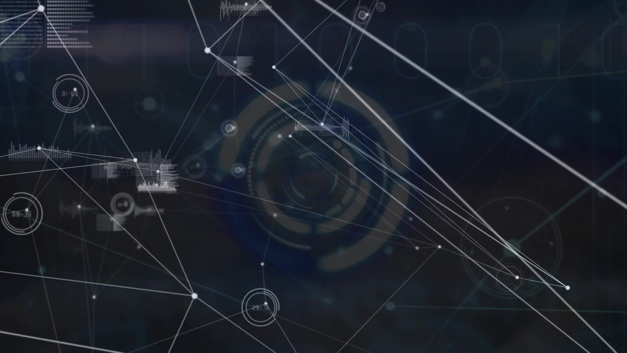 Animation of lines connecting dots against data, graphs with hud processing on digital interface