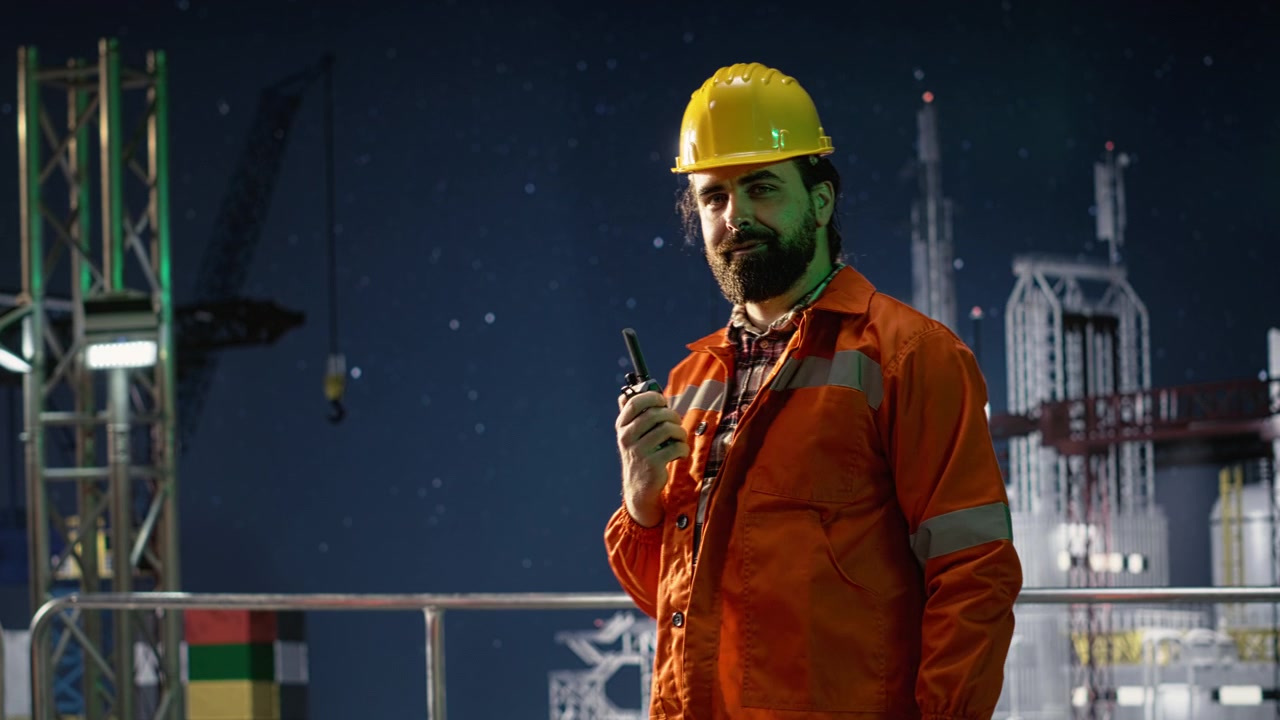 Offshore-platformingeniør giver opdateringer via walkie-talkie under oliekrise.