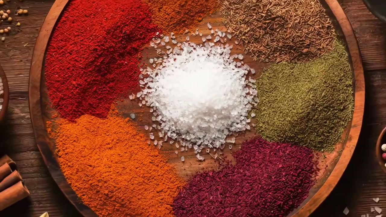Assortimento di spezie ed erbe aromatiche colorate su un tavolo di legno