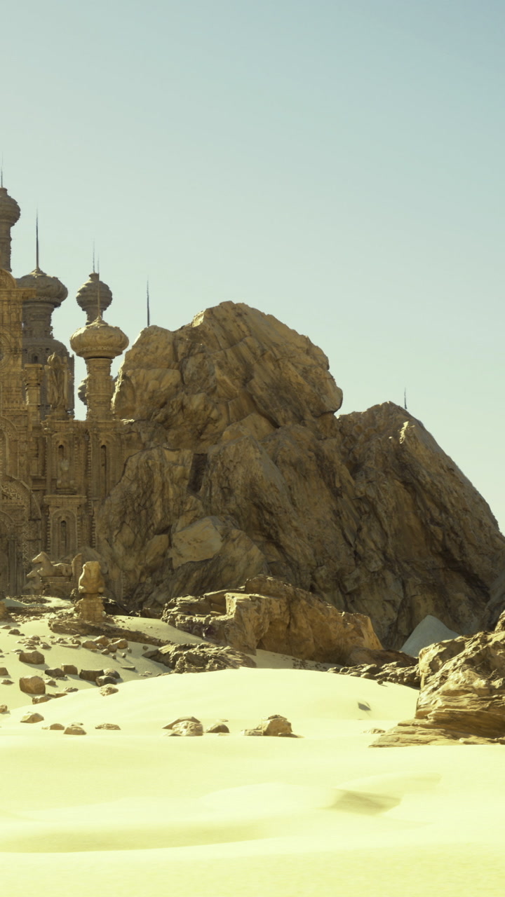 Desert landscape with large rock formations and ancient structure at noon