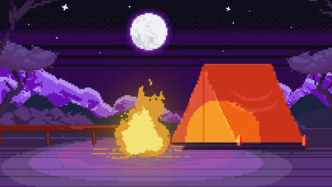 escena de acampada de pixel art por la noche