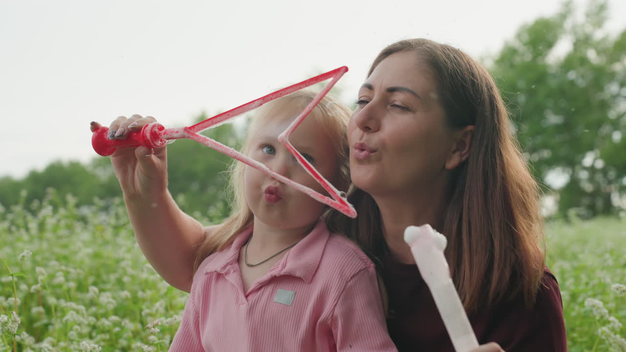 Madre e hija caucásicas soplando burbujas en un prado de flores silvestres, momento íntimo de enseñanza con vestido rosa, varita de burbujas roja, luz suave de la tarde, abrazo cercano y risa silenciosa