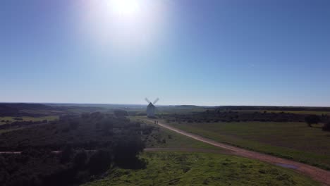 two-people-walking-a-dog-in-the-distance-towards-a-traditional-windmill-static-aerial-scene