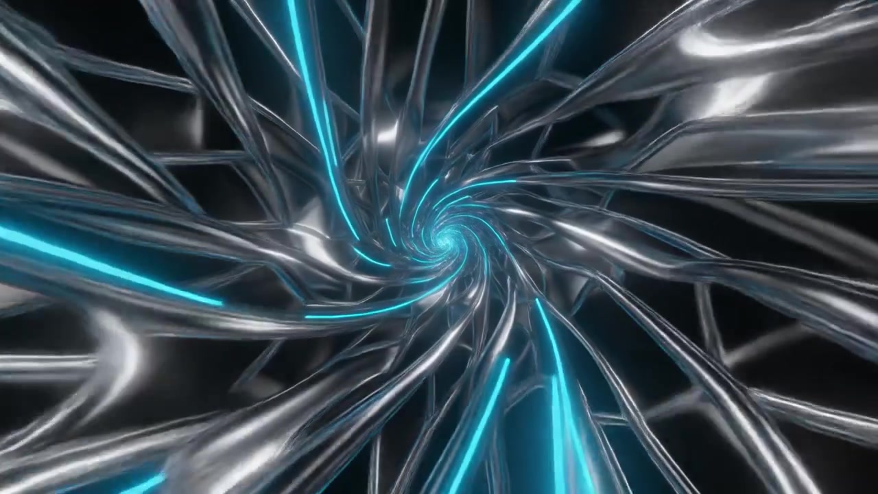 Abstract Metallic Spiral Tunnel with Glowing Blue Neon Lights