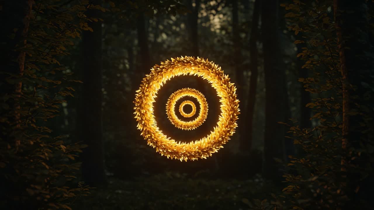 A mesmerizing visualization of a radiant circular pattern, glowing with warm hues and surrounded by enchanting forest scenery, creating a magical atmosphere of tranquility and wonder
