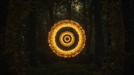 A mesmerizing visualization of a radiant circular pattern, glowing with warm hues and surrounded by enchanting forest scenery, creating a magical atmosphere of tranquility and wonder