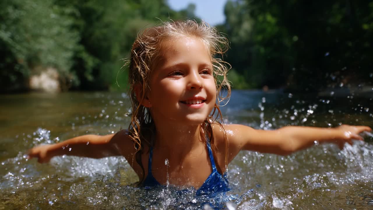 A joyful child enjoying a summer day swimming in a river, splashing water while showing a bright smile, capturing the essence of carefree childhood moments in nature's serene setting