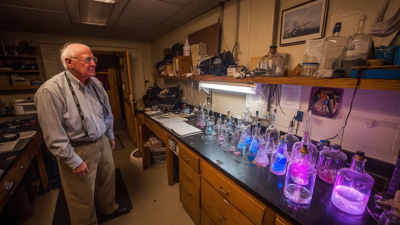 A Scientist Observing Colorful Chemical Reactions in a Laboratory, Surrounded by Glassware and Research Materials on a Workbench Under Bright Lighting