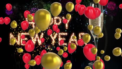 Multiple-balloons-floating-over-happy-new-year-text-and-champagne-glass-against-fireworks-exploding