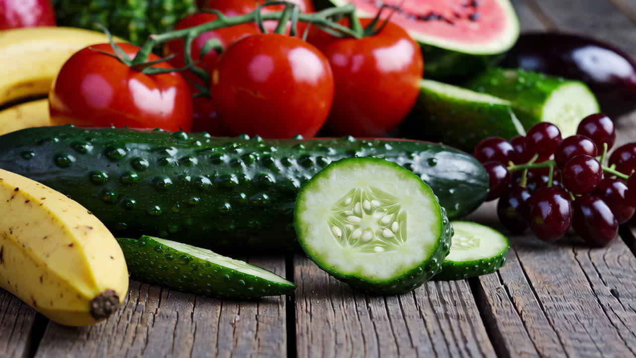 Assortment of Fresh Fruits and Vegetables on a Wooden Table