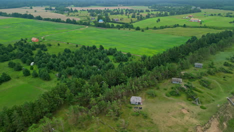 aerial open green field next to river and forest trees in summer