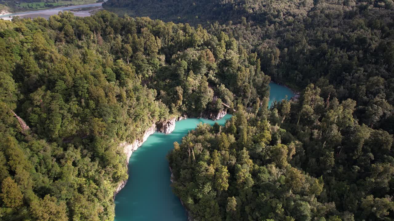 Turquoise Water And Lush Vegetation, Hokitika Gorge River In West Coast Of The South Island Of New Zealand - Aerial Drone Shot