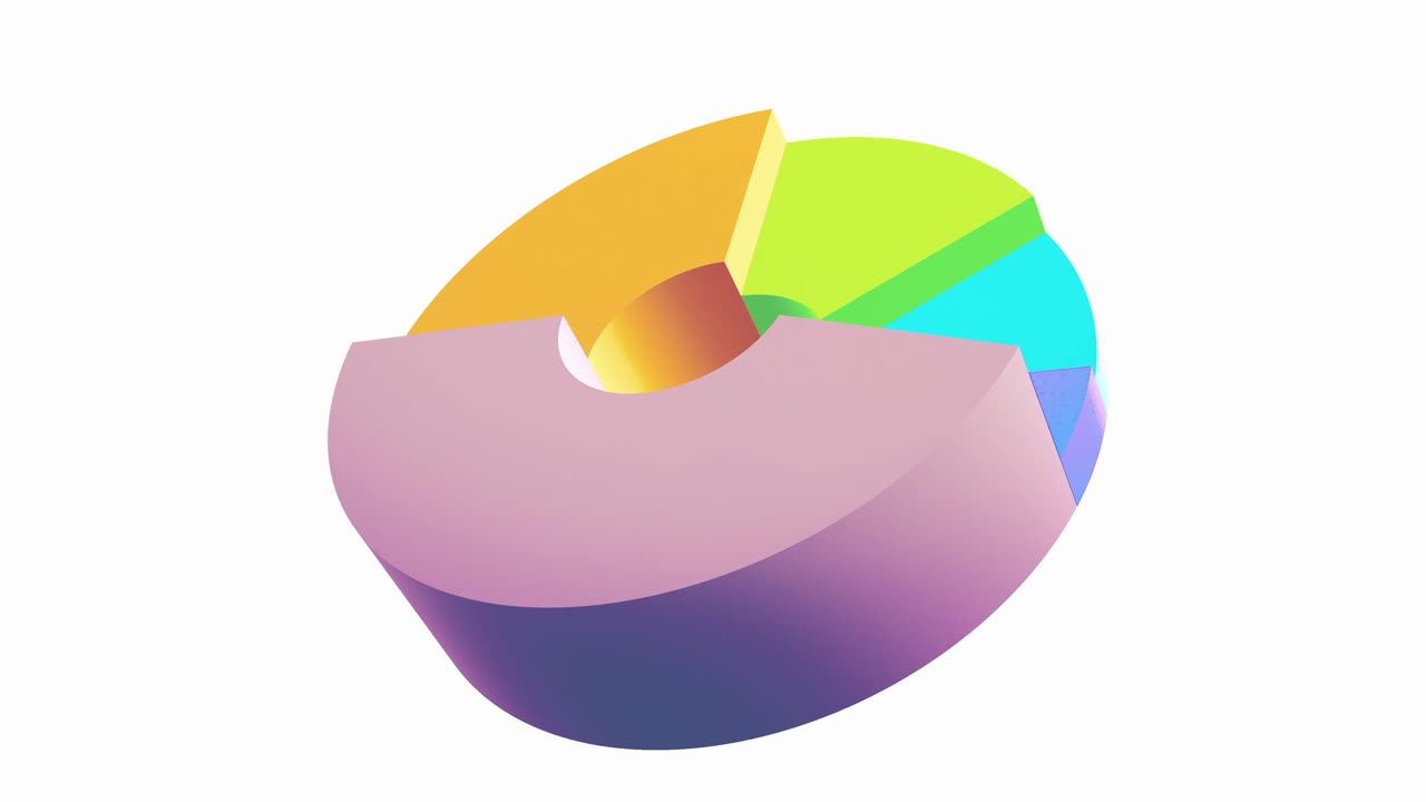 An animated 3D looping donut chart with independently expanding and contracting segments. Ideal for dynamic data visualization, business presentations, and infographics. Modern, clean, and vibrant