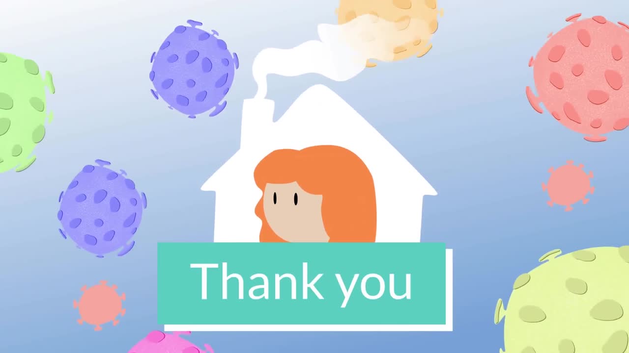 코로나19 세포에 맞서 집에 있는 여성 아이콘을 표시한 감사 문자 배너