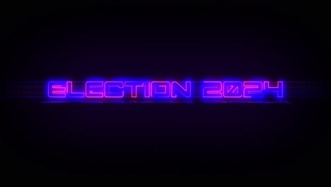 Elección-Intermitente-2024-Letrero-De-Neón-Azul-Eléctrico-Y-Rosa-Que-Se-Enciende-Y-Apaga-Con-Parpadeo,-Reflejo-Y-Luces-Anamórficas-En-4k