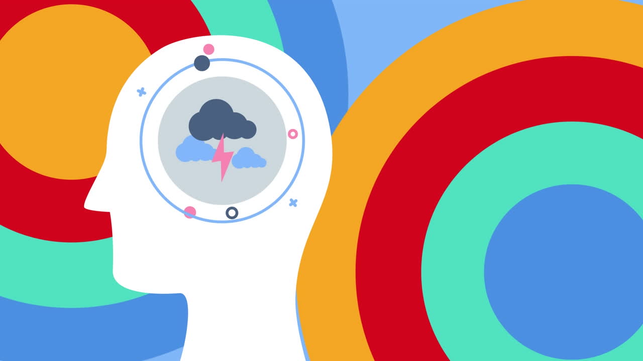 Animation of multiple colourful moving circles and head with clouds icon on blue background