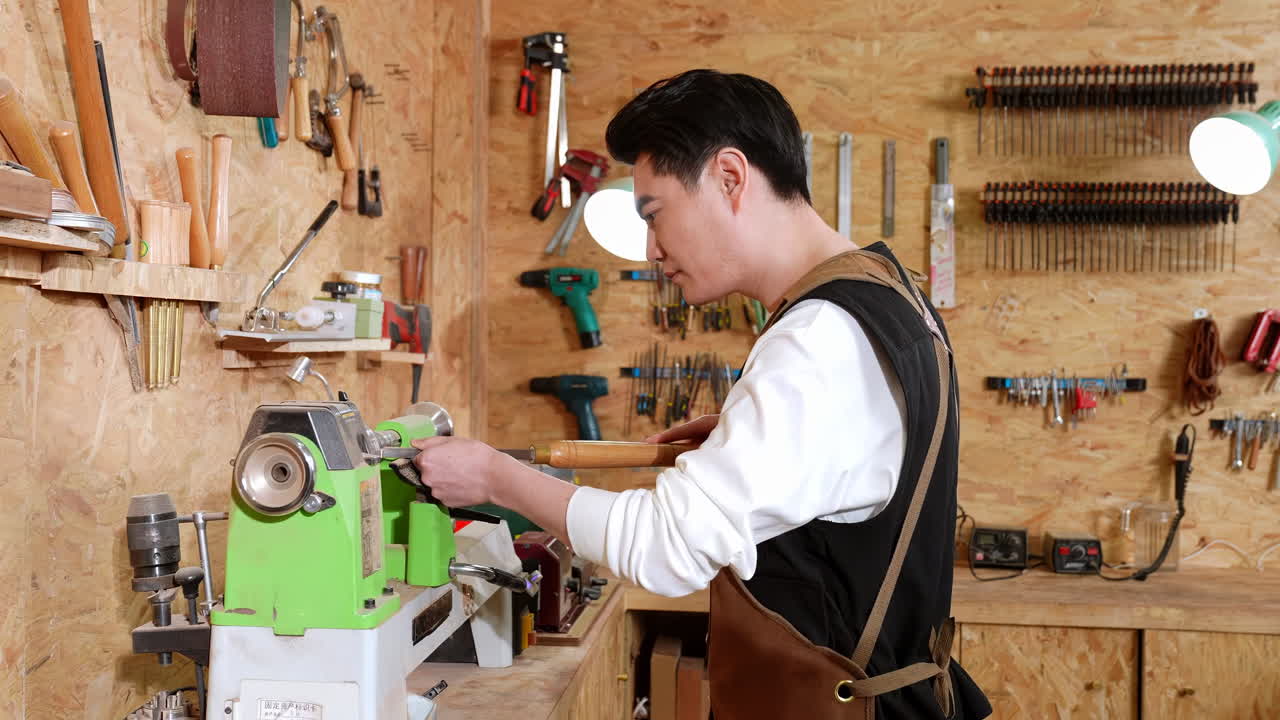 Eco friendly woodworker's shop, carpenters handmade craftsman builder equals polishes wooden board with polishing machine or random orbit sander, sanding wood part tools, Spiritual craftsmanship